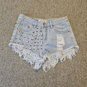 ThCreasa Denim Shorts Silver Grommet Embellished Distressed Size 34 US 4